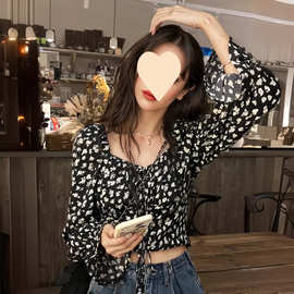 欧美泡泡短款法式欧美风设计长袖碎花秋冬方领辣妹性感新款薄款in