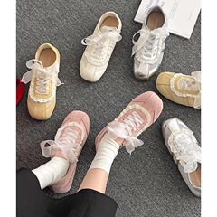女性用バレエスタイル道徳トレーニングシューズ、ソフトソール、メッシュ、通気性、2025年夏新作、レース、軽量、人気の白い靴