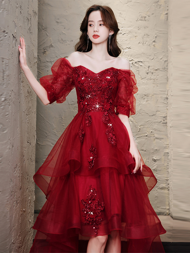 Red Wedding The Bride, Elegant Front-short-back-long Engagement Gown, Light And Fairy-like Evening Dress For Women_voghion.com