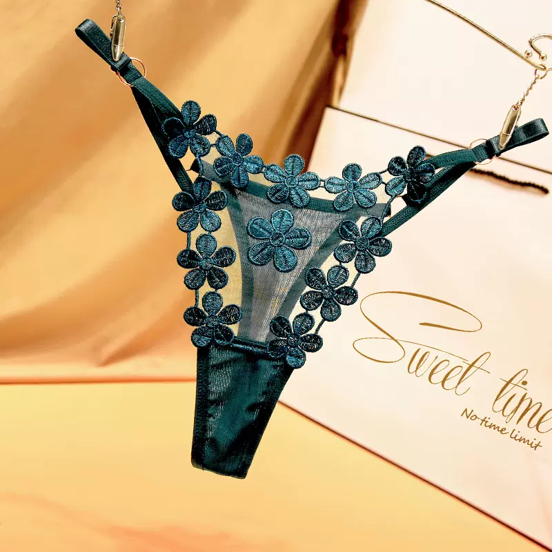 纯欲丁字裤金属扣设计感甜美花绣透气网纱性感可调带女士大码内裤