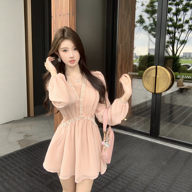 Korean Sweet Diamond-Encrusted V Neck Puff Sleeve Dress Women's Short Skirt Slimming Look Waist Design Pure Lust Style