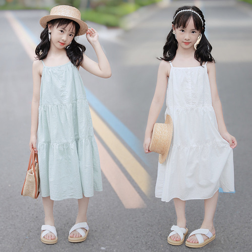 2024 new summer big children's dress Korean style small fresh suspender travel vacation seaside long skirt