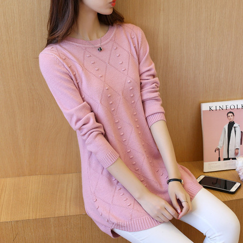 Morning and autumn clothes New Korean loose women's sweater sweater mid-long round collar women's bottoming shirt top
