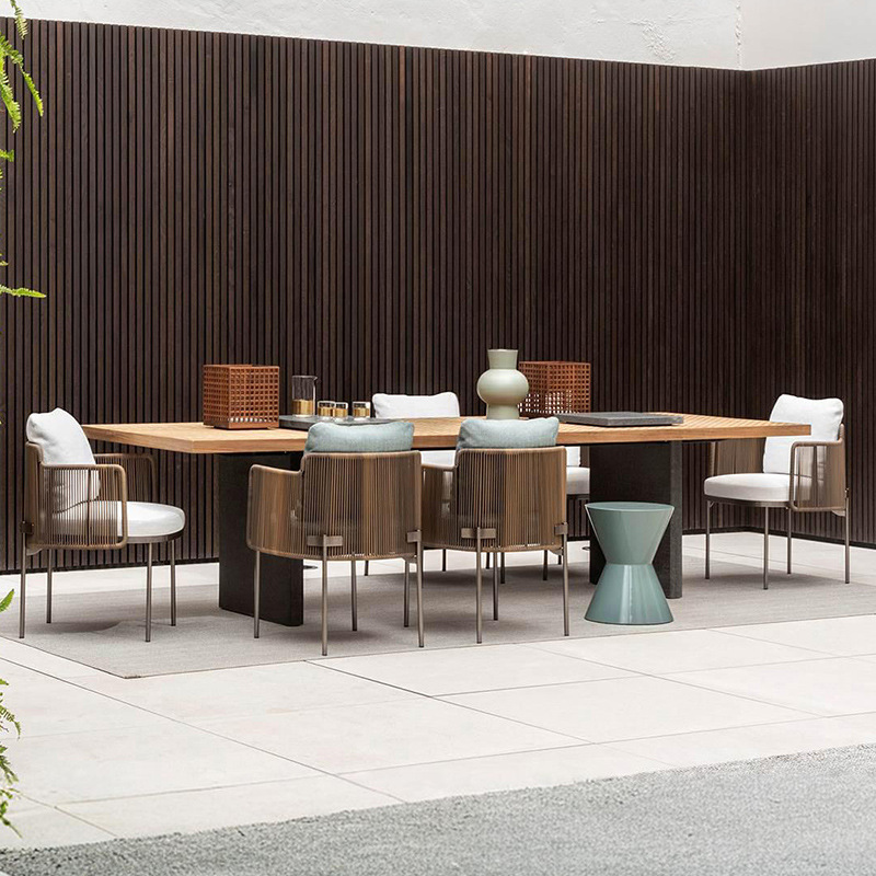 Conjunto de mesa y sillas de ratán para exteriores, combinación de sillas de ratán para patio, balcón o terraza, muebles de jardín con mesa larga para descanso. image 4