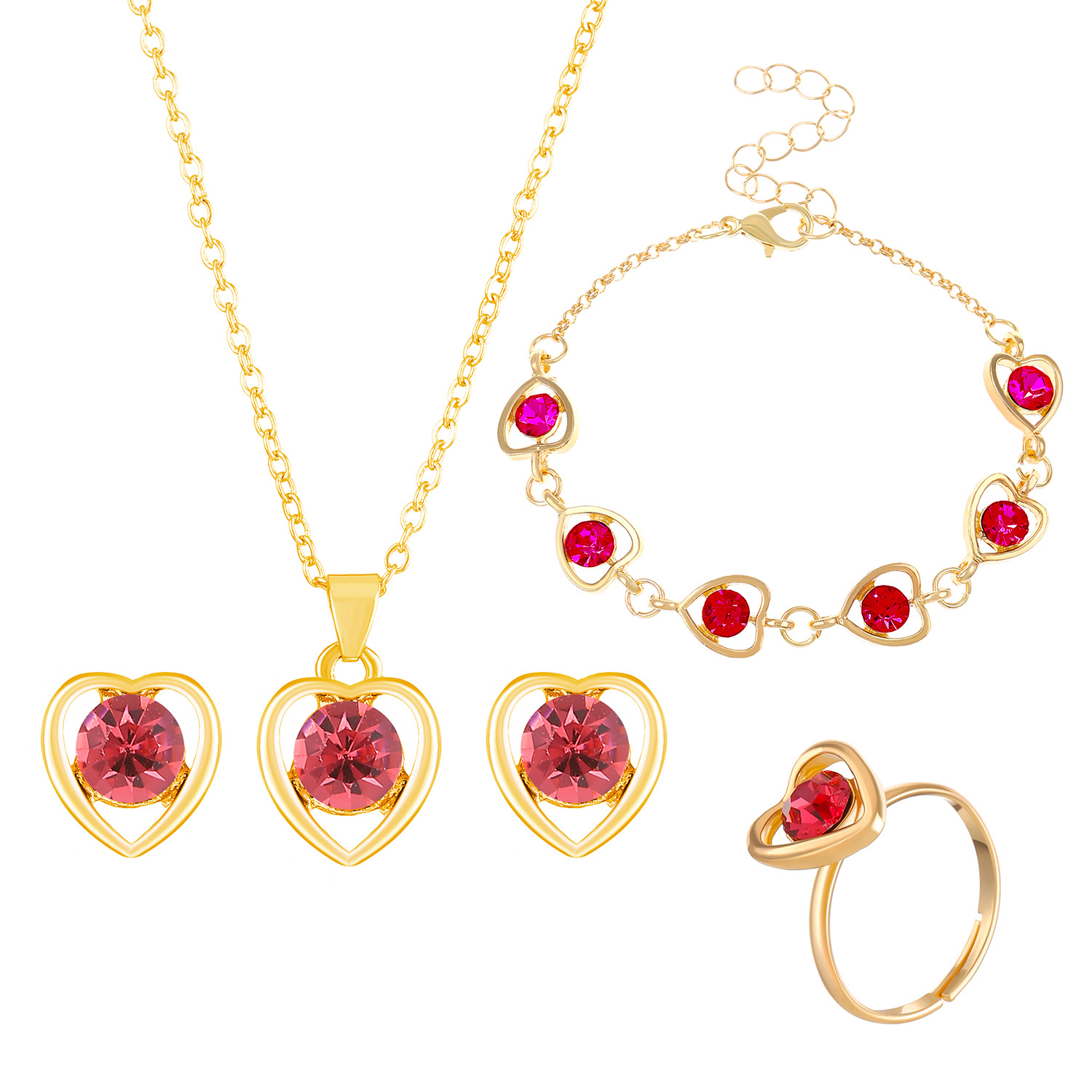 Venta caliente transfronteriza joyería en forma de corazón de cristal traje personalidad femenina temperamento corazón collar pendientes anillo pulsera conjunto de cuatro piezas