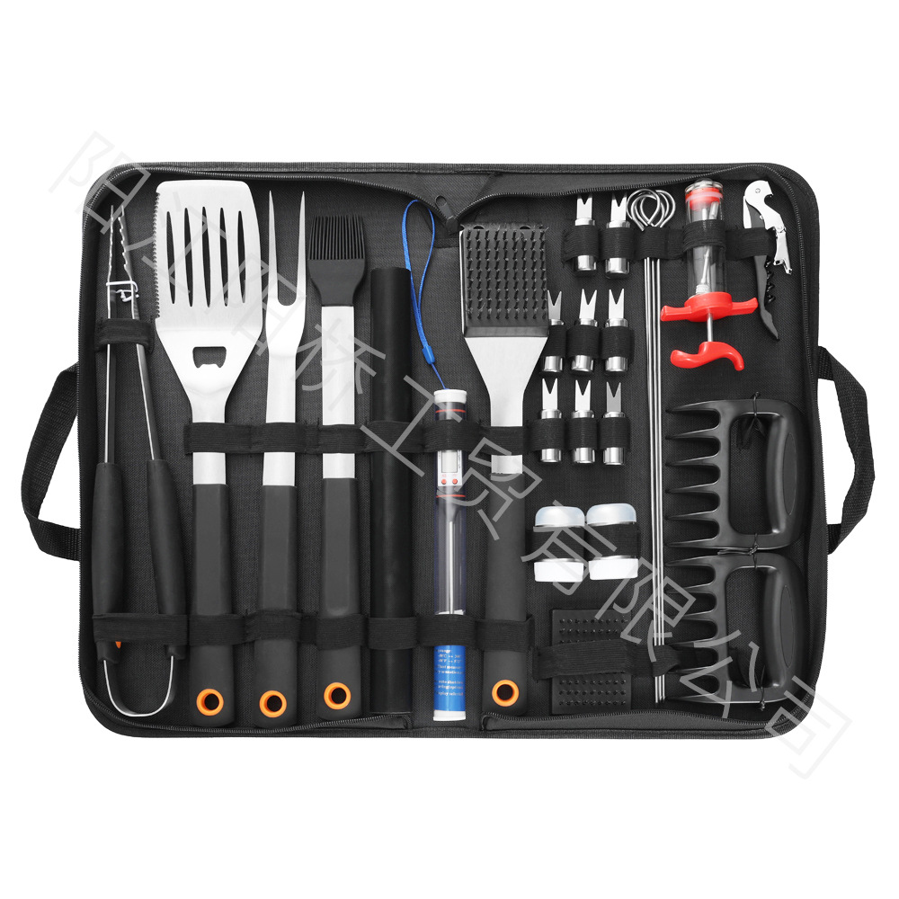 Fabricante de acero inoxidable transfronterizo en stock 26 juegos de acampamiento al aire libre conjunto completo de herramientas de parrilla de mango de plástico