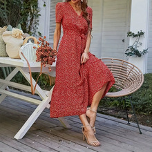 亚马逊女碎花夏季V领短袖优雅甜美海边度假A型波西米亚风连衣裙