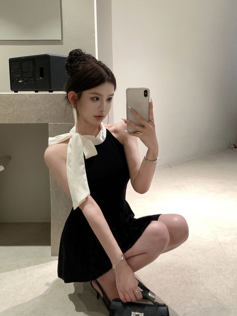 商品详情图_法式黑色无袖连衣裙女夏季新款超仙气质蝴蝶结显瘦短