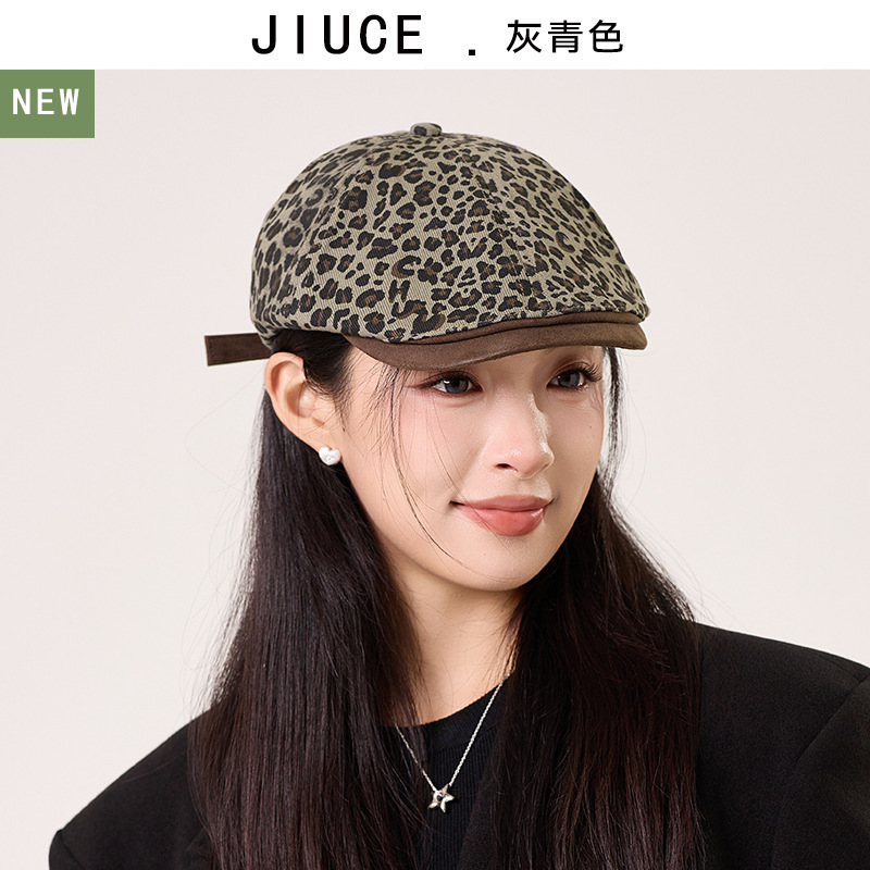 美式复古街头豹纹初秋前进帽女透气大头围显脸小时尚百搭贝雷帽子|undefined