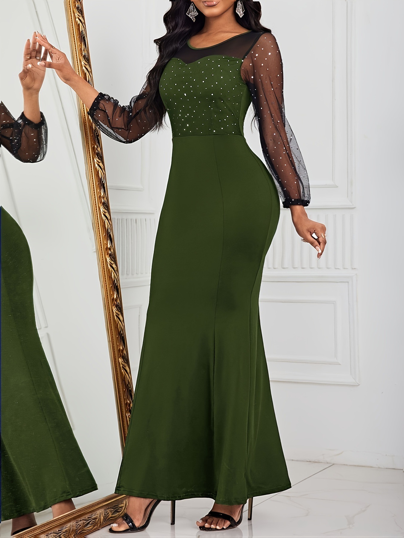 Women's Clothing elegant dress solid color mesh sequin stitching high waist long slim evening dress_voghion.com