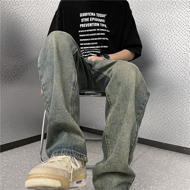 レトロなジーンズの男性の夏の日本の街頭のレジャーの広い足の潮流のinsのゆったりしている学生のまっすぐな筒の長いズボン|undefined
