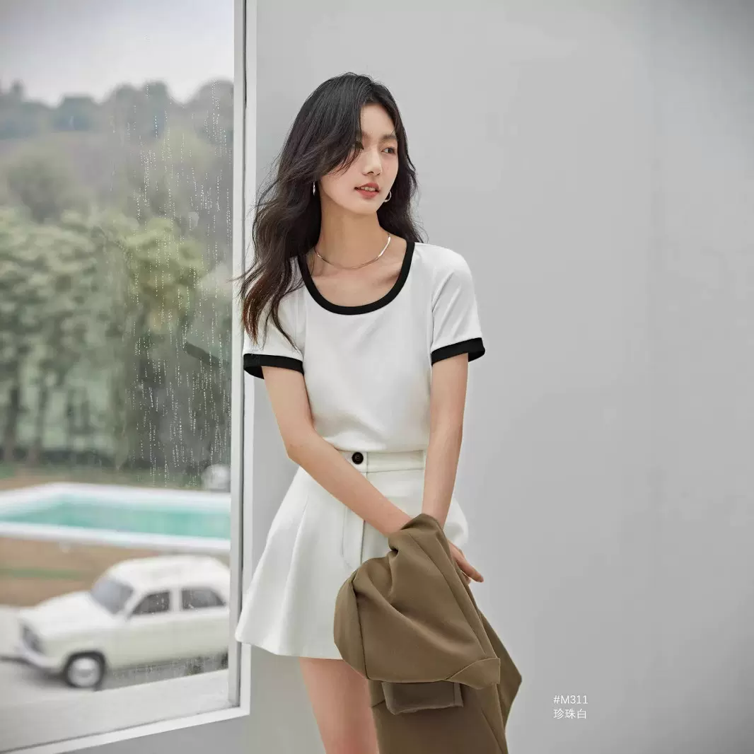 圆领撞色短袖T恤女2025夏季新款短款正肩休闲简约百搭打底衫上衣