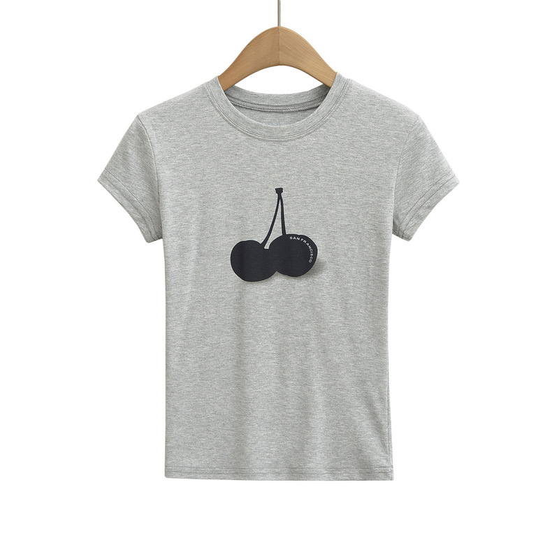 ラウンドネック Tシャツ工場卸売白シンプルチェリーファッション半袖 2025 新しい右肩痩身ショートトップ|undefined