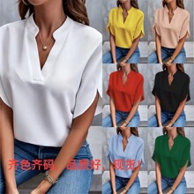 亚马逊欧美跨境外贸女装 2025时尚夏季休闲纯色V领宽松衬衫上衣女