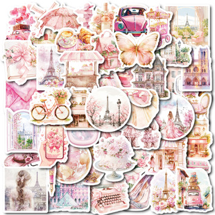 50 Girls Pink Paris Waterproof Stickers DIY Mobile Phone Shell Water Cup Decorative Stickers Amazon Cross Border