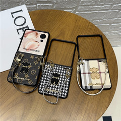 Honor Magic V Flip 2に適した菱形のクマ柄スマホケース、V Flip用のかわいいハンドストラップ付き落下防止保護ケース