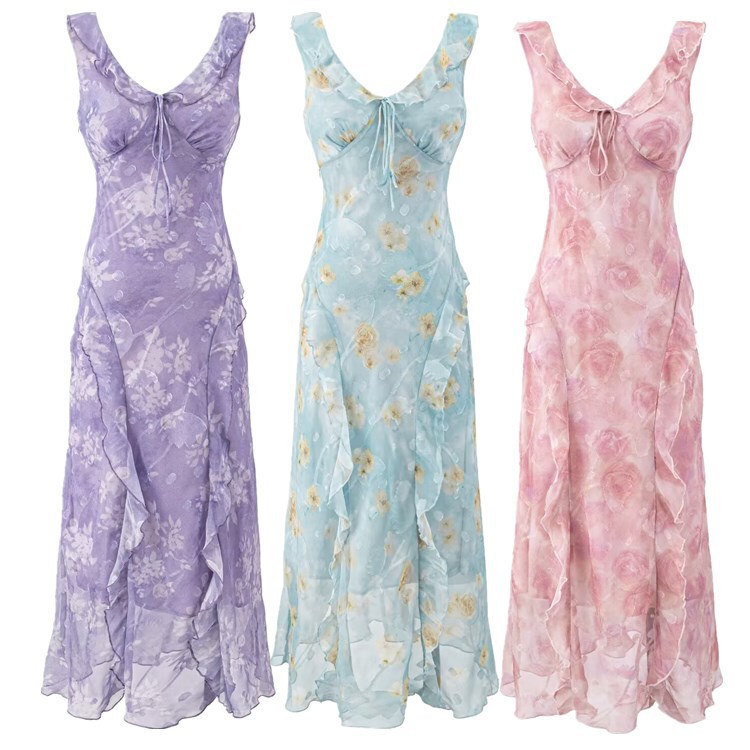 Spring and Summer New Style 2026 Elegant Floral Spaghetti Strap Dress for Women, A-Line Long Dress with French Ruffles, Fairy-Style Swirly Dress Spring and Summer New Style 2026 Elegant Floral Spaghetti Strap Dress for Women, A-Line Long Dress with French Ruffles, Fairy-Style Swirly Dress