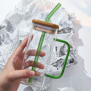 Drinking Cup square with handle household ins high-looking straw water cup female high temperature resistant Breakfast Milk Cup