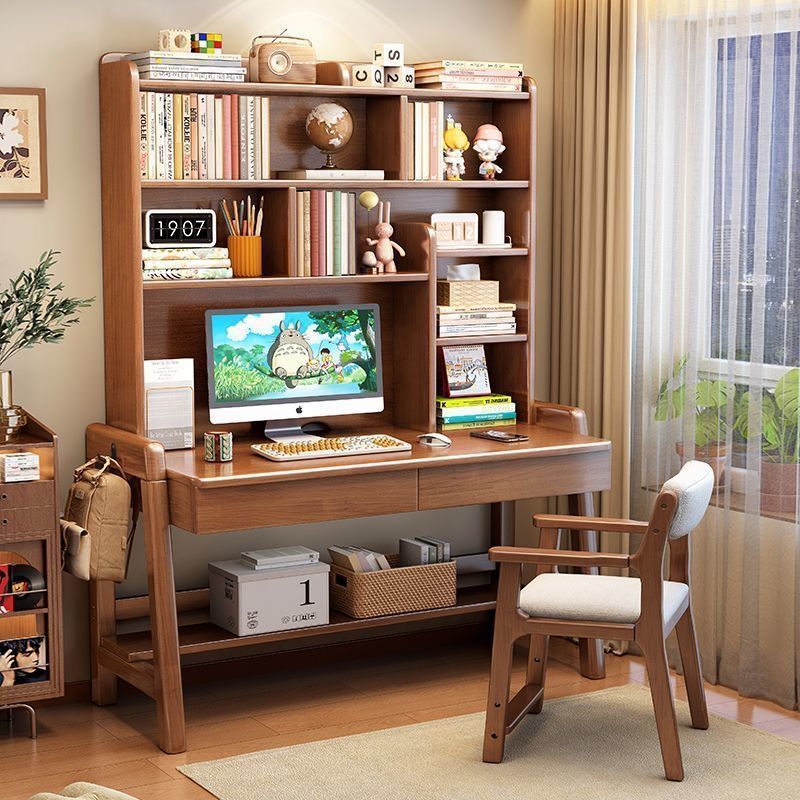 Solid Wood Desk Children's Study Desk with Bookshelf Desk Bookshelf Integrated Simple Household Small Apartment Table Lift