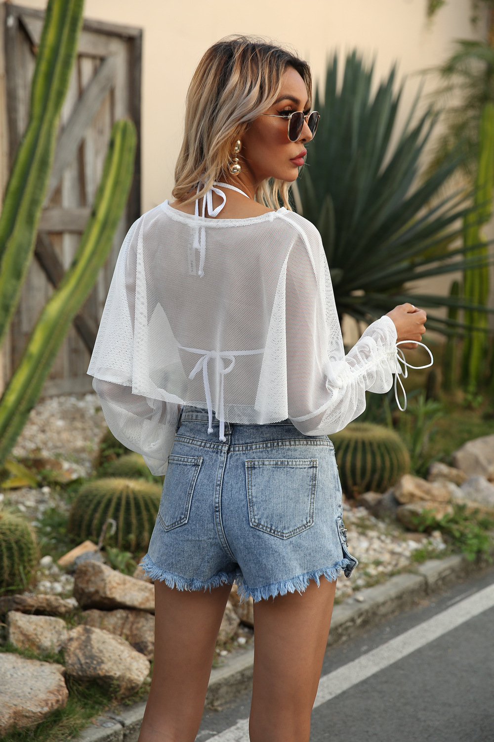 short round neck long sleeve drawstring solid color see-through mesh beach outdoor cover-up NSBJL126561