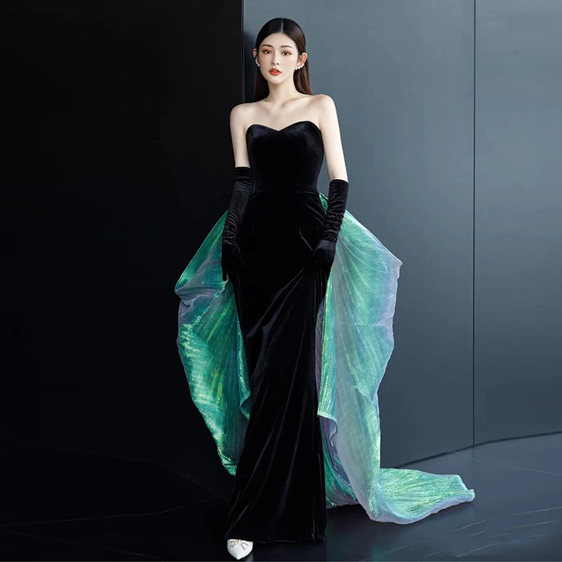Vestido de noche negro para las mujeres 2024 nuevo banquete elegante tubo superior anfitrión elegante cola de pez largo vestido de adelgazamiento