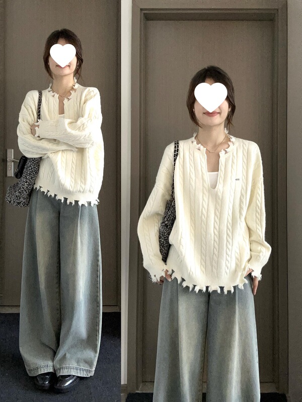 韩系chic设计感麻花套头针织毛衣女秋冬宽松慵懒风高级感U领上衣|undefined
