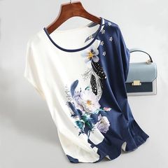 アイスシルク Tシャツ中高年母親向け 2025 新しいスタイル大きいサイズトッププリントルーズ痩身ボトムシャツ