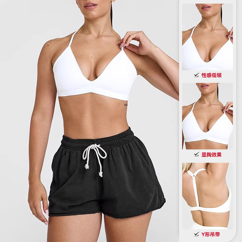 여성용 크로스보더 로우넥 홀터넥 얇은 스트랩 섹시 스포츠 브라, 외부 착용 및 내부 착용 누드 요가복 러닝 피트니스 브라