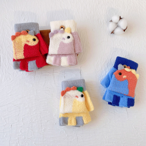 Cartoon children's warm gloves winter cold prevention thickened baby writing half finger flip cover two-in-one kindergarten non-static