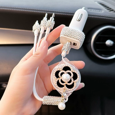Charging Cigarette Lighter Light Luxury Mobil şarj cihazları - pearl-black-camellia-charging-cable-car-charger