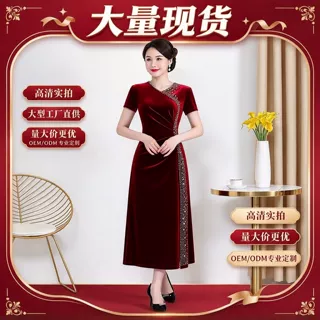 春秋民族休闲印花连衣裙洋气纯色时尚款翻领夏季气质通勤妈妈装