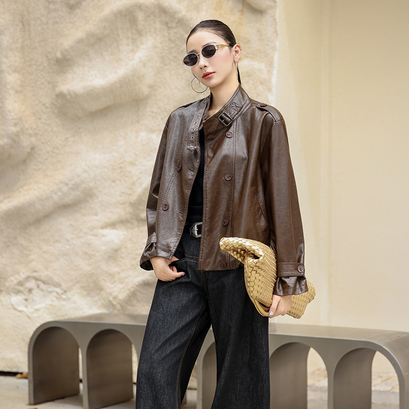 Brand Short Leather Jacket Women's Autumn and Winter 2025 New Classy Retro Stand-Up Collar Casual Versatile Leather Jacket Top Brand Short Leather Jacket Women's Autumn and Winter 2025 New Classy Retro Stand-Up Collar Casual Versatile Leather Jacket Top