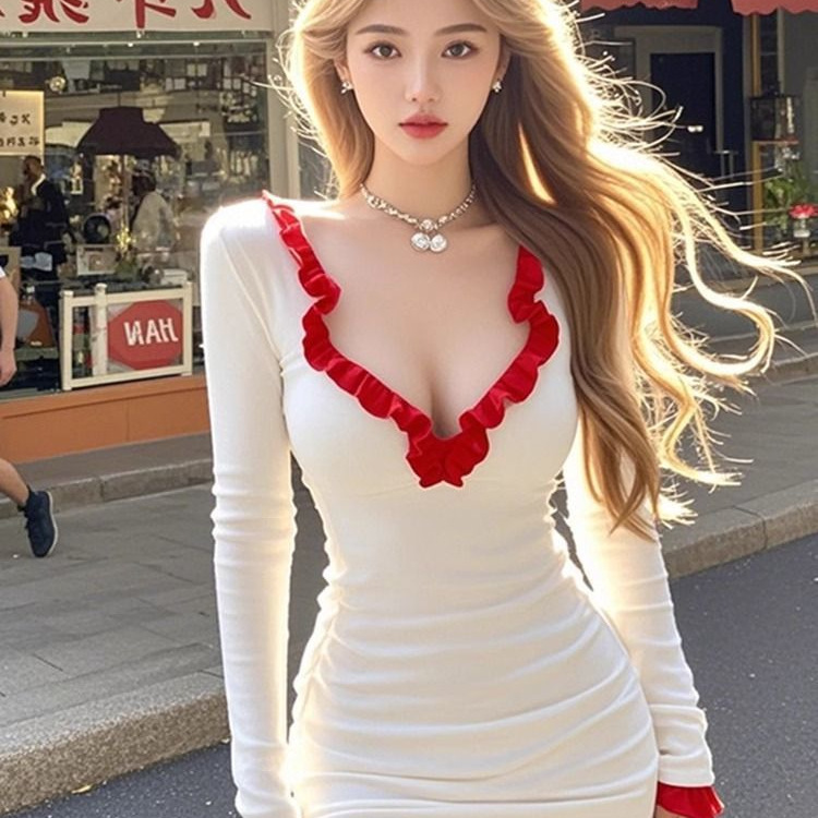 デザイン感紅白衝突色低襟長袖ワンピース女性秋2024腰包尻ギャル風純欲スカート|undefined