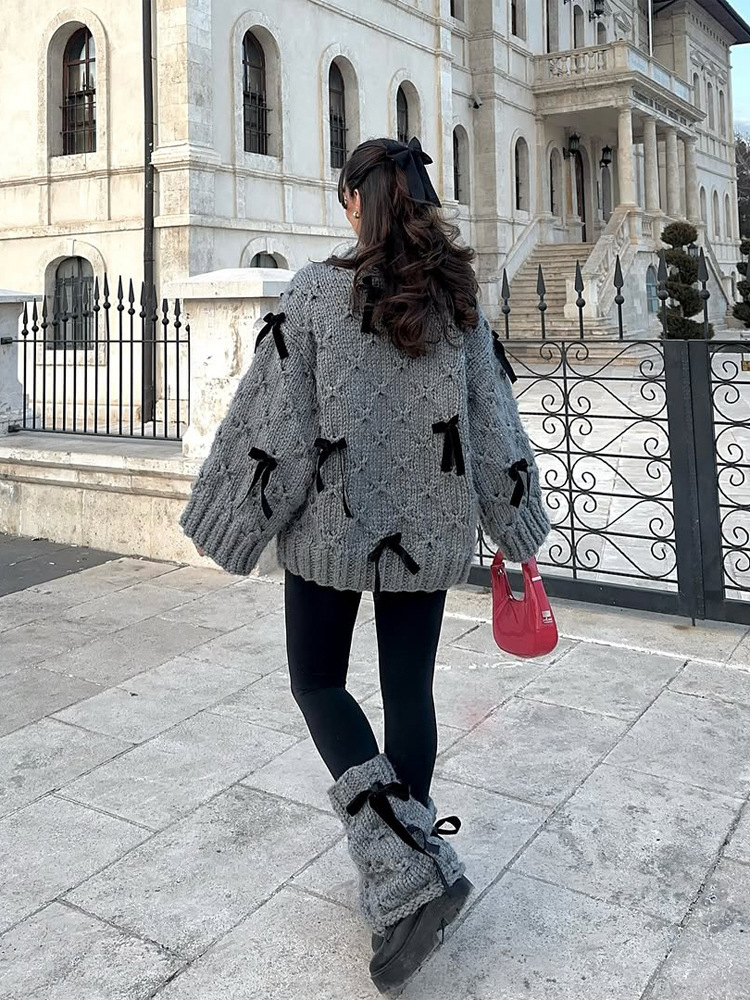 Moda gris cuello redondo arco adornado manga larga suéter blusa 2026 otoño invierno nuevo estilo europeo y americano transfronterizo image 4