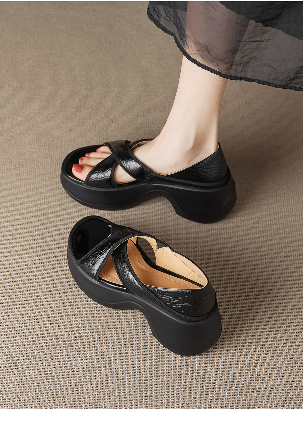 Sandal nữ đế xuồng cao gót 6cm mũi hở phong cách La Mã da thật — màu đen, màu xanh hồ chi tiết 17