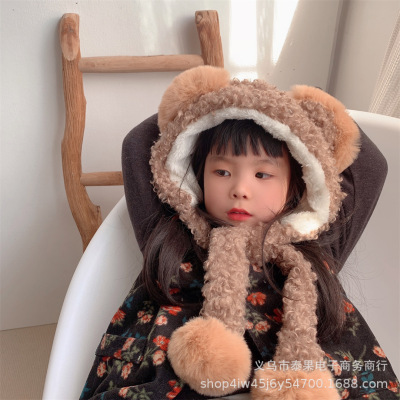 毛绒帽子女秋冬小熊超大耳朵羊羔毛韩版潮可爱保暖围巾帽子一体帽