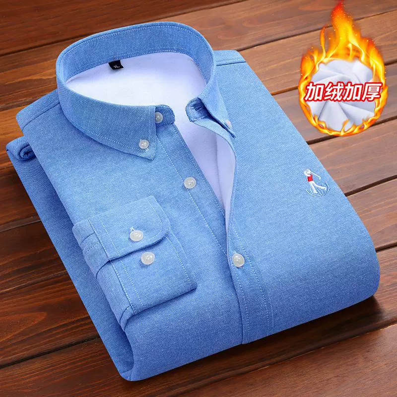 Осенне-зимняя мужская теплая рубашка, Мужская Утепленная Молодежная рубашка из Оксфордского хлопка с длинным рукавом, однотонная мужская рубашка с вышивкой на флисовой подкладке