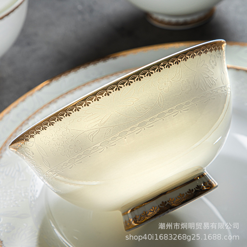 Phnom Penh Bowl Household New Bone China Accessible Luxury Rice Bowl Set European Modern Ceramic Hotel Noodle Bowl Combination
