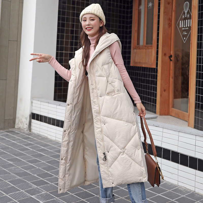 Women's long over-the-knee down cotton vest, extra large thick hooded cotton vest, fashionable waistcoat, Korean style