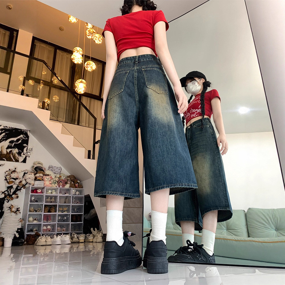 American High Street Retro Wide-Leg Cropped Denim Pants for Women in Autumn High-Waisted Large Size Slimming Loose Straight Shorts