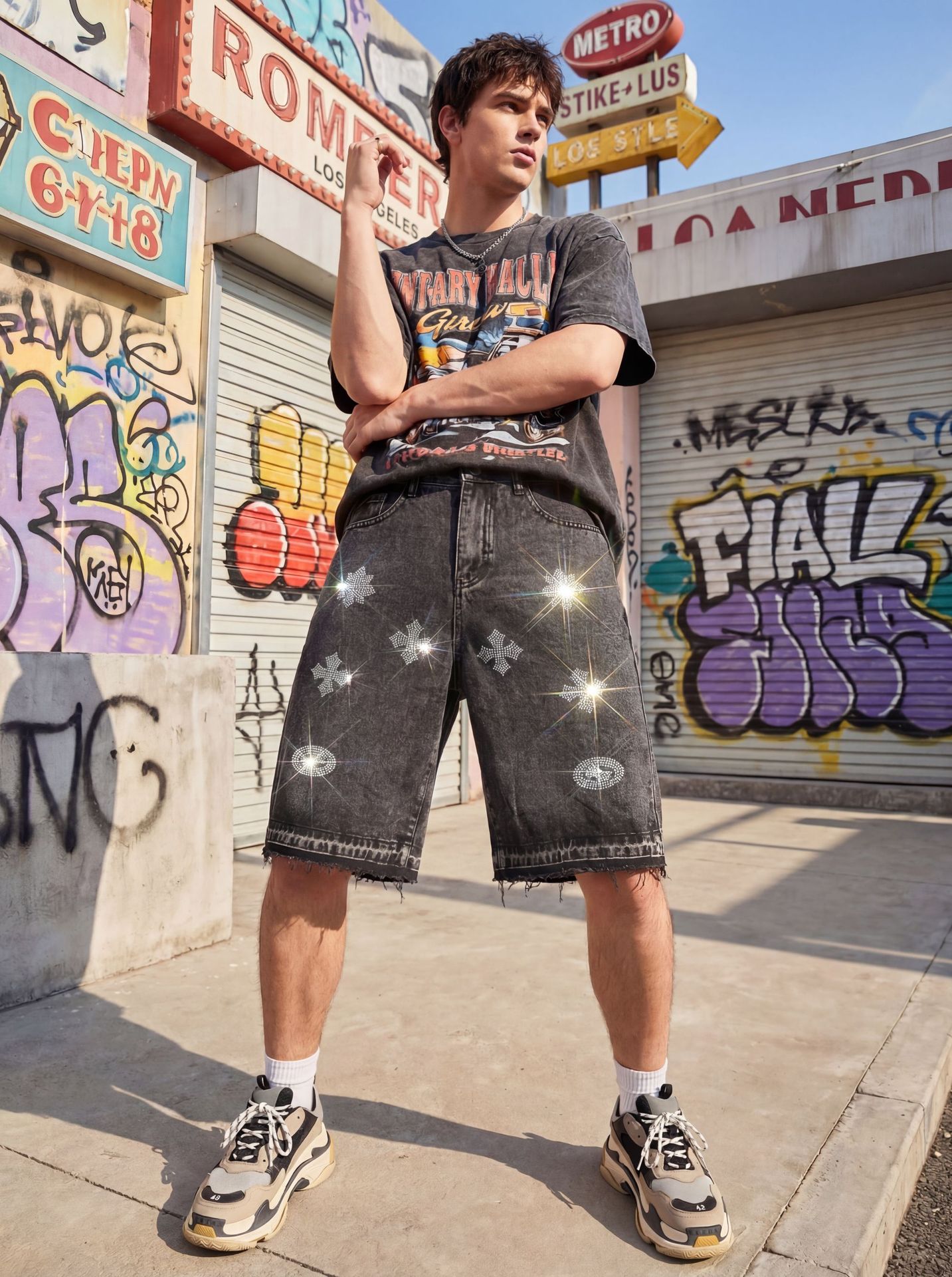 Pantaloncini di jeans da uomo con croce in strass diritto_voghion.com