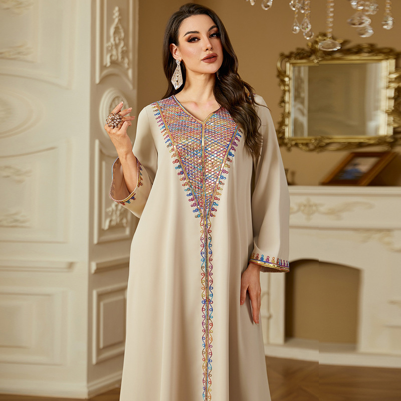 4220 Foreign Trade Cross-Border Ethnic Style Fashion Casual Robe Elegant Sequin Rope Embroidery Long Versatile Dress