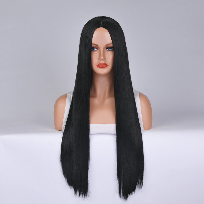 New European and American Style Black Long Straight Wig Cos Halloween Synthetic Fiber Full Wig with Middle Parting and Long Bangs for Women, High-Temperature Fiber New European and American Style Black Long Straight Wig Cos Halloween Synthetic Fiber Full Wig with Middle Parting and Long Bangs for Women, High-Temperature Fiber