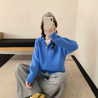 Hooded zip‑up knit cardigan 跨境连帽华夫格纹理双拉链针织衫