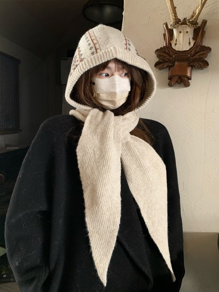 フェア島風毛糸帽子女子秋冬レトロ百合大頭囲保温ニット帽子顔小耳保護帽子