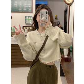 抖音天猫品质破洞短款毛边长袖毛衣女秋冬小众宽松外穿针织上衣潮