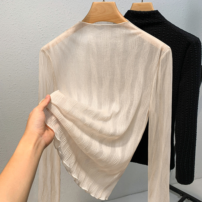 Half-Turtleneck Base Shirt for Women 2023, Sheer Pleated Chiffon Top, Thin Inner Wear with Ruffled Edges, Autumn Season Half-Turtleneck Base Shirt for Women 2023, Sheer Pleated Chiffon Top, Thin Inner Wear with Ruffled Edges, Autumn Season