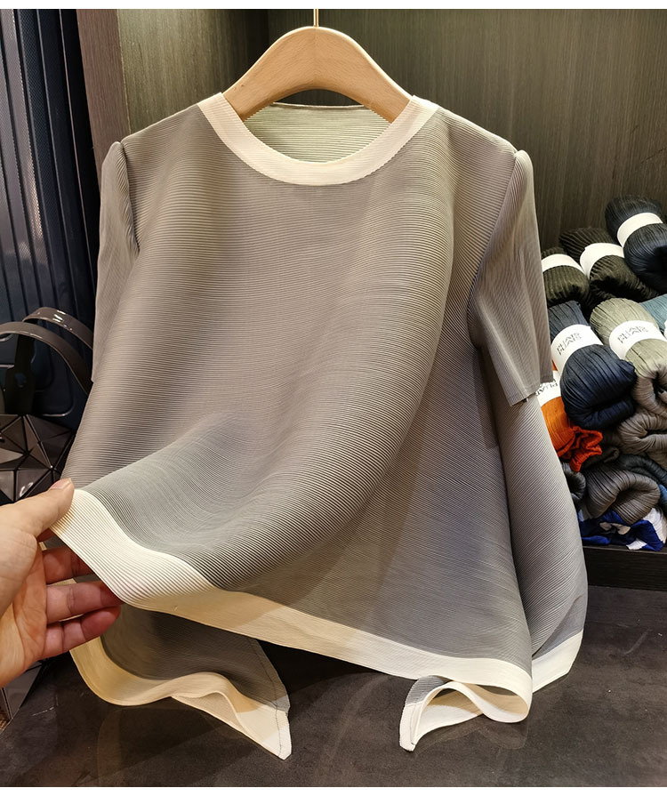 Áo thun nữ cổ tròn tay lỡ phối màu tương phản, dáng rộng xếp ly bất đối xứng — Màu xanh, Màu tím hồng, Màu đỏ hoa hồng, Màu hồng chi tiết 27