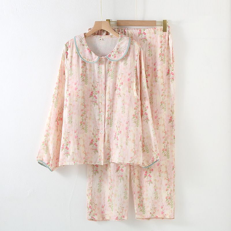 Bamboo Fiber Postpartum Clothing with Bra Cup, Spring and Summer Thin Version, Fresh and Sweet, Neighborhood Girl Style, Long-Sleeved Long Pants, Nursing Homecoming Clothes