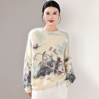 2026年秋冬新款羊绒羊毛圆领针织衫长袖女拉绒水墨印花羊毛衫上衣